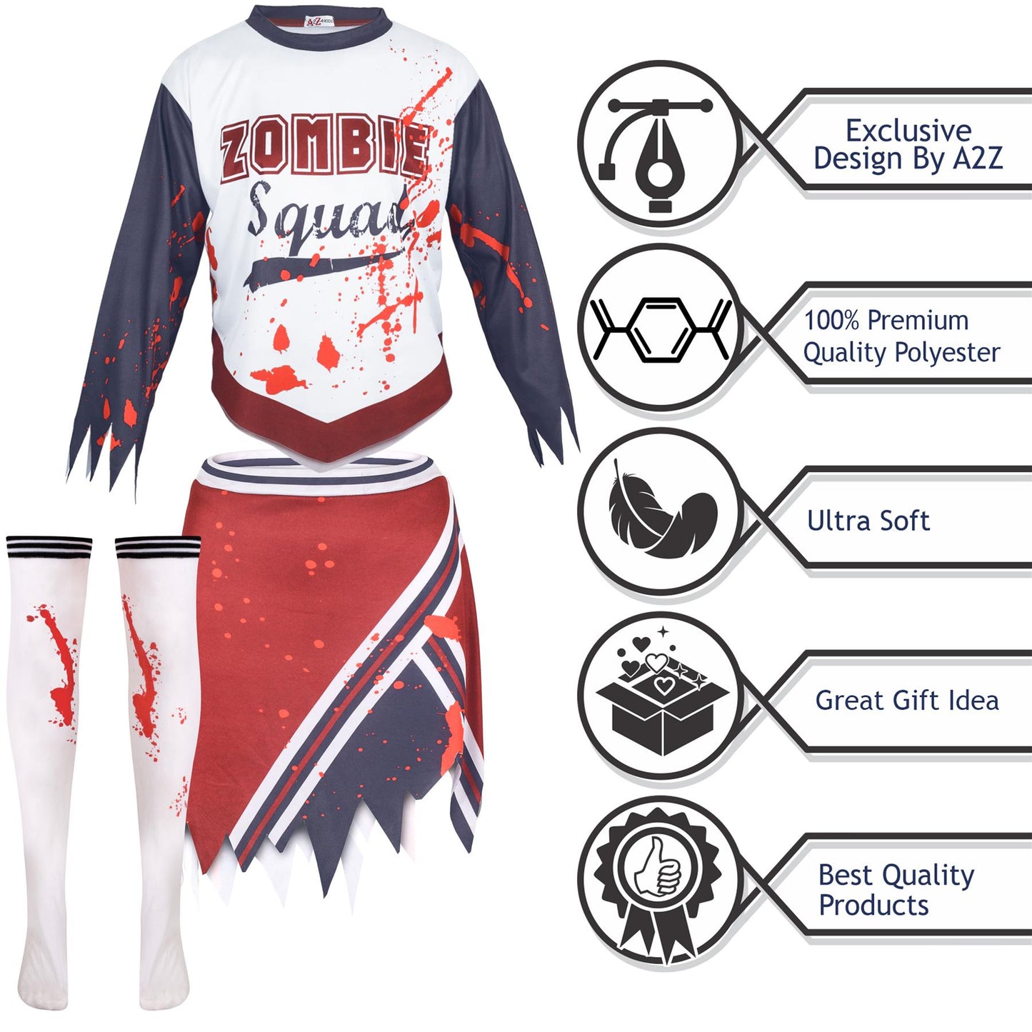 A2Z 4 Kids Girls Zombie Cheerleader Halloween Attire Top Shredded Sleeves Long Bloody Socks Cheerleading Pom Poms Outfit Halloween Parties and Trick or Treating