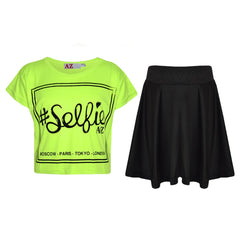 Girls Top Kids Selfie Print Stylish Crop Top & Skater Skirt Set Age 7-13 Years