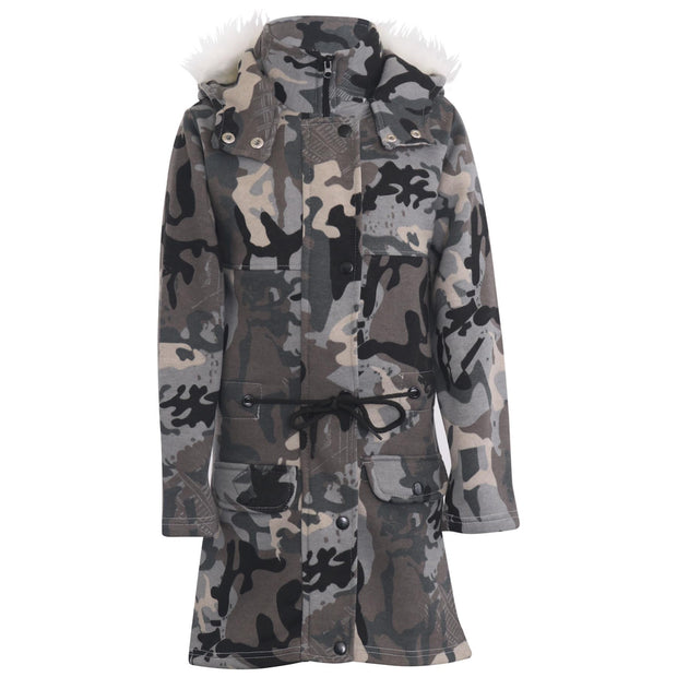 A2Z 4 Kids Camouflage Charcoal Print Parka Jacket Faux Fur Hooded Coat Drawstring Waist Fashion Girls Age 5-13 Years