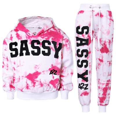 A2Z 4 Kids Girls Tracksuit Designer's Tie Dye Sassy Print Fleece Pink Hooded Crop Top Bottom Jogging Suit Joggers Age 5 6 7 8 9 10 11 12 13 Years