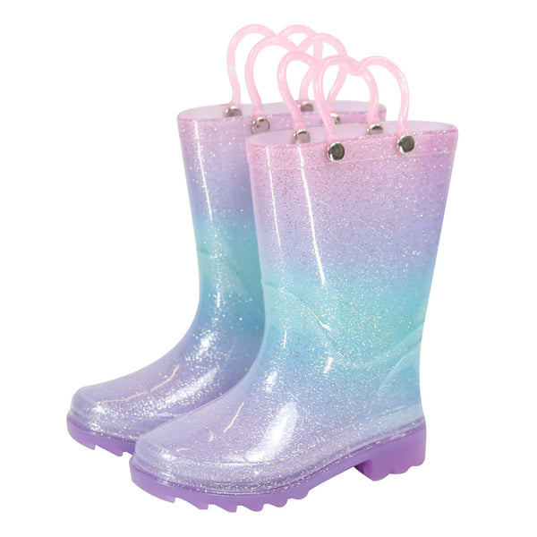 Kids Girls Glitter Rainbow Gradient Wellington Boots Heart Handle PVC Rain Boot
