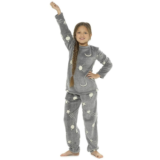 Kids Girls Boys Pyjamas Glow In The Dark Soft Flannel Fleece Sleepwear PJS Set
