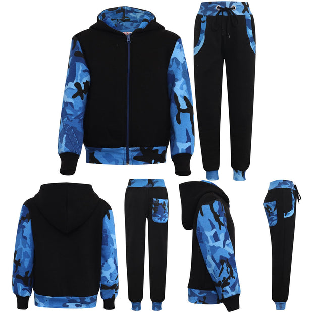 A2Z 4 Kids Girls Boys Tracksuit Plain & Camouflage Blue Print Contrast Fleece Hoodie With Bottom Jogging Suit Joggers Sweatpants Activewear Set For Childrens Age 2 3 4 5 6 7 8 9 10 11 12 13 Years