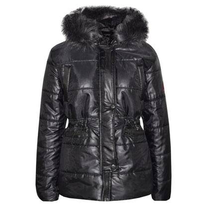 Kids Girls Jackets Puffer Hooded Detachable Faux Fur Wet Look Padded Long Coats
