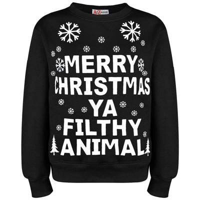 A2Z Unisex Mens Womens Christmas Jumper Black Sweatshirt Ya Filthy Merry Christmas Novelty Pullover Xmas Snowflake Jumpers Gifts For Adults Size Small, Medium, Large, XL, 2XL, 3XL, 4XL