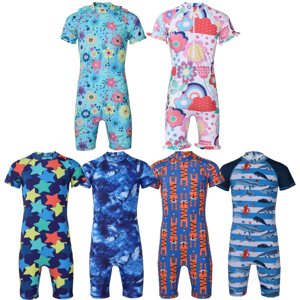 Kids Boys Girls One Piece Swimsuit Short Sleeve Quick Dry Toddlers Swimwear 2-14