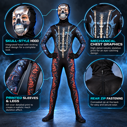 Boys Girls Mecha Skeleton Halloween Costume with Skull Mask Scary Jumpsuit 3-14