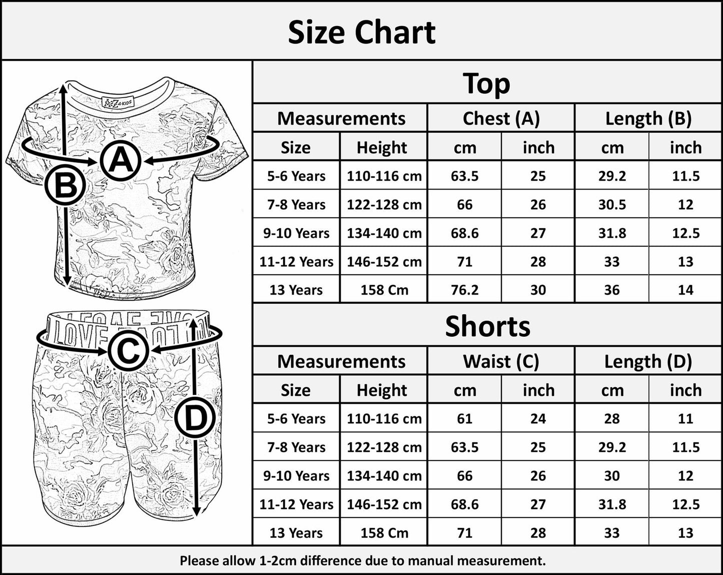 Kids Girls Top & Shorts Camouflage Floral Print Fashion Summer Outfit Set 7-13 Y
