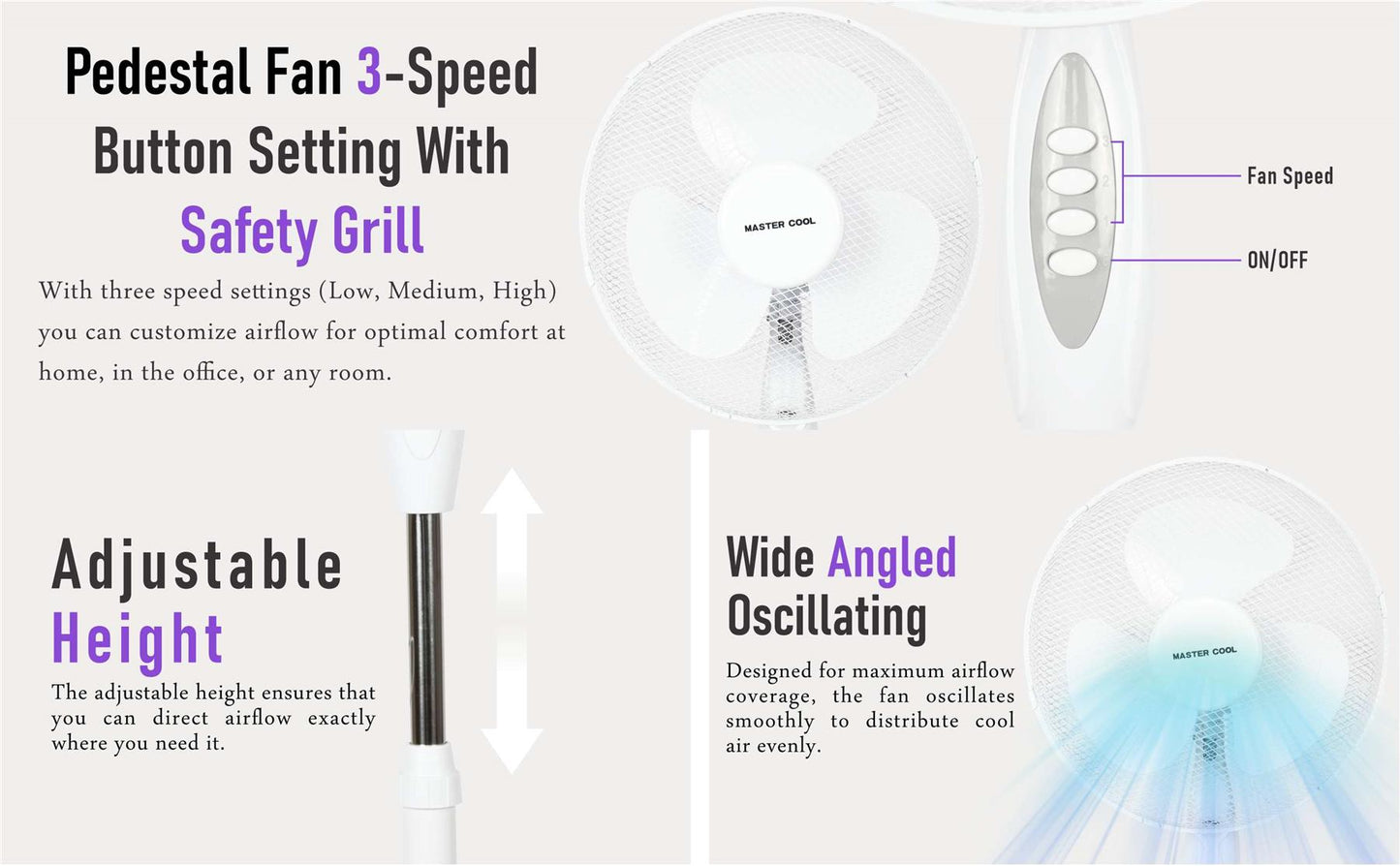 A2Z Pedestal Fan 16 Inch 3-Speed Setting Tilt Angled Oscillating Living Room Fan