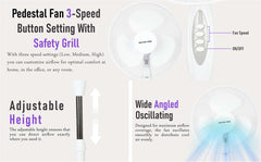 A2Z Pedestal Fan 16 Inch 3-Speed Setting Tilt Angled Oscillating Living Room Fan