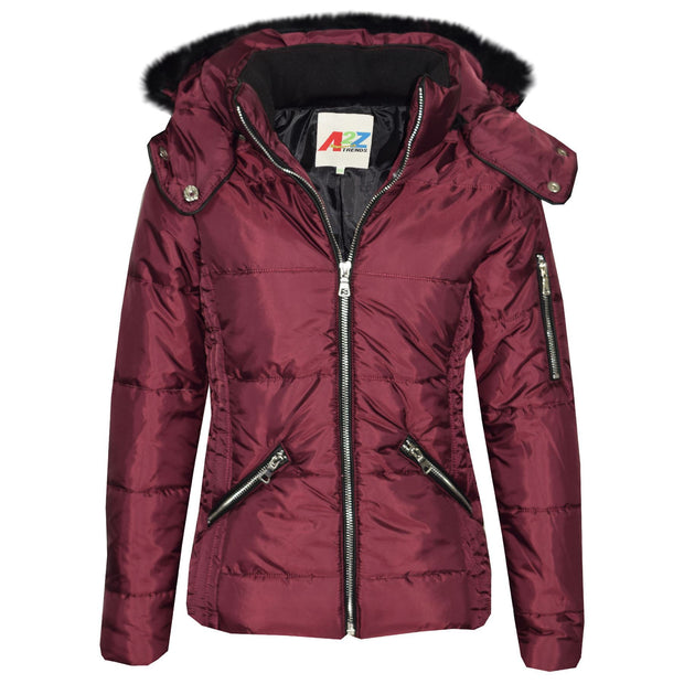 A2Z 4 Kids Quilted Puffer Coat Padded Puffer Jacket Wine Faux Fur Collar Detachable Hood New Winter Fashion For Girls Age 3-13 Years