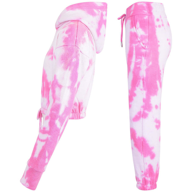 Kids Tie Dye Tracksuit Gym Cropped Hoodie Sweatpants Cord Set Girls Age 5-13