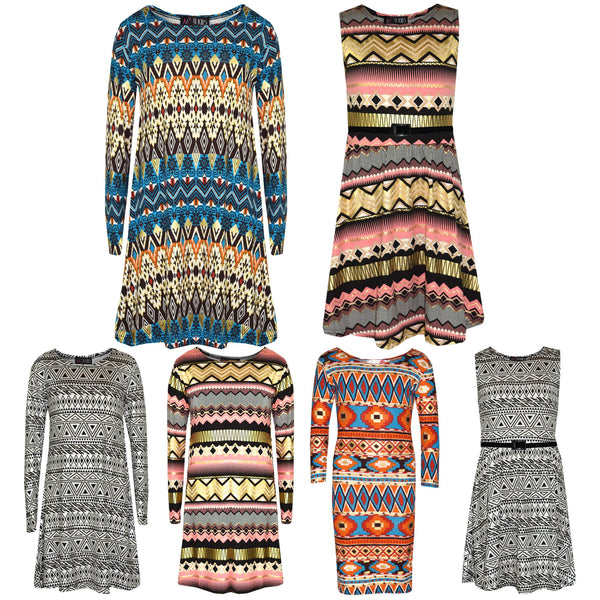 Girls Skater Dress Kids Aztec Print Summer Party Swing Midi Dresses 7-13 Years