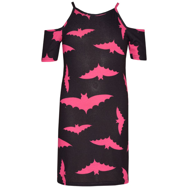 Kids Girls Halloween Midi Dress Bat Print Cold Off Shoulder Dresses Tops 7-13 Yr