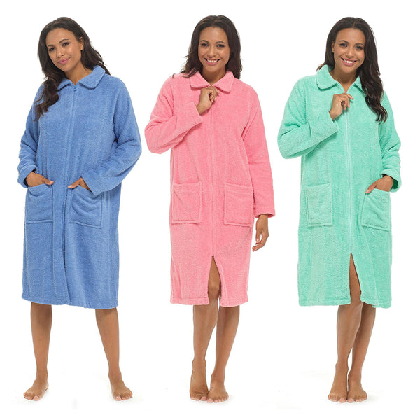 Ladies Towelling Bathrobe Front Zip Dressing Gown Long Sleeves & Deep Pockets