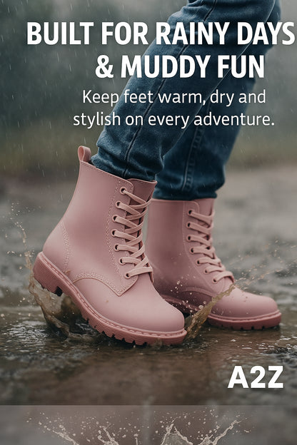 A2Z Womens Wellington Boots Lace Up Pink Waterproof PVC Rain Shoes Ankle Wellies