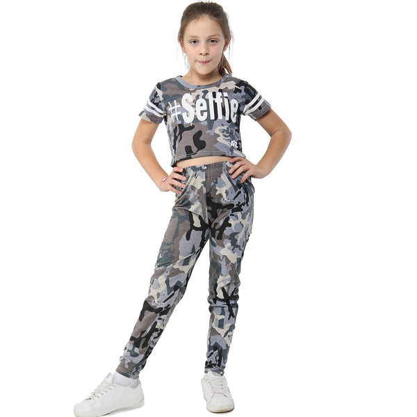Girls Tops Kids Designer's #Selfie Camouflage Print Crop Top Legging Set 5-13 Yr
