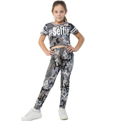 Girls Tops Kids Designer's #Selfie Camouflage Print Crop Top Legging Set 5-13 Yr