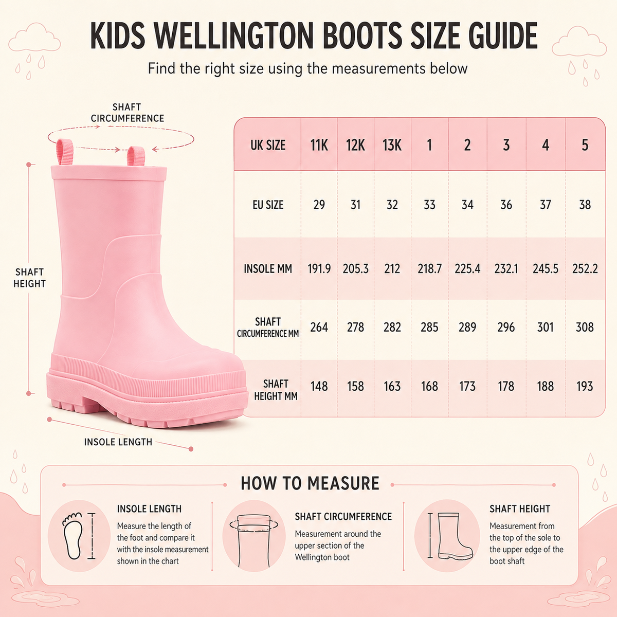 Kids Girls Wellington Wellies Non-Slip Waterproof Lightweight Rain Boots