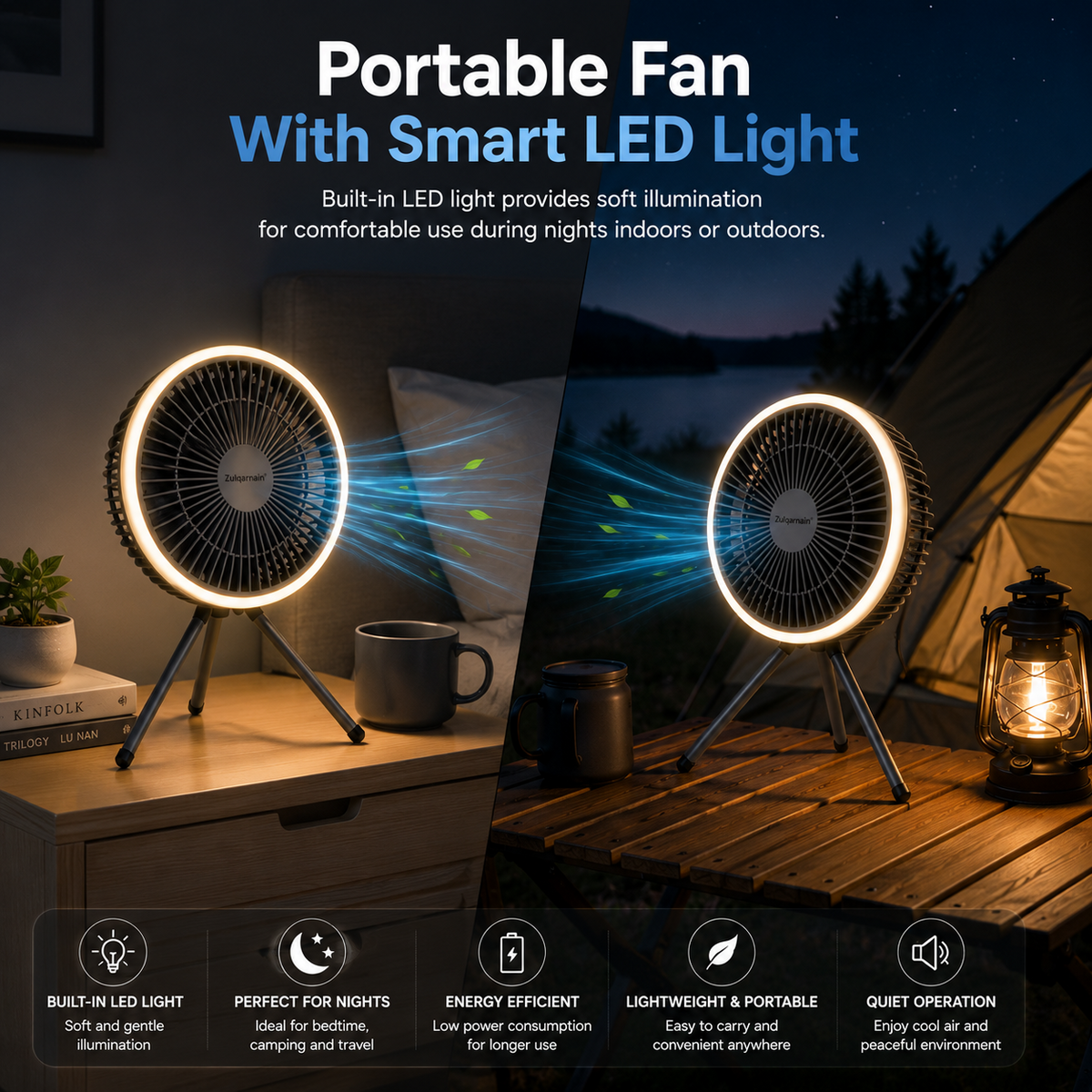 7 Inch USB Desk Fan with LED Light Portable Tripod Stand 3 Speeds Camping Fan