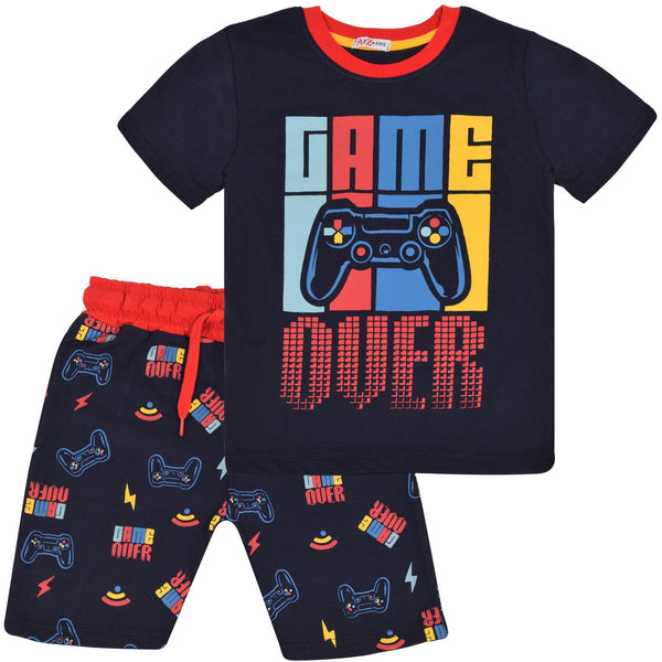 Kids Girls Boys Pyjamas Game Over Contrast Top Shorts 2 Piece PJS Sleepwear Set