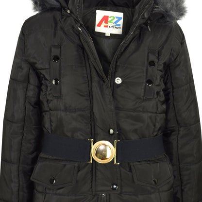 Kids Girls Puffer Jackets Faux Fur Hooded Zipped Belted Coats Age 5-13 Years