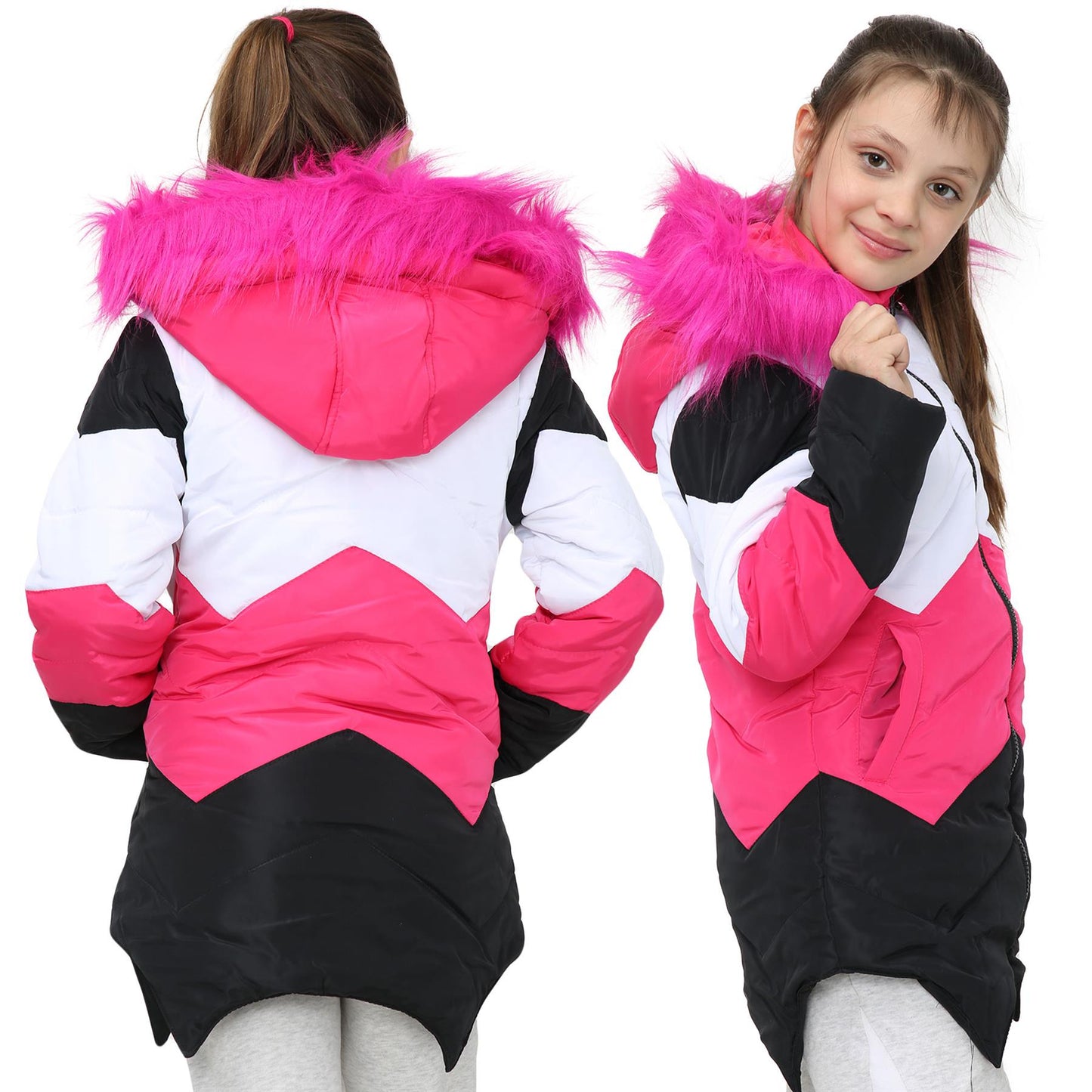 Kids Hooded Contrast Panel Puffer Coat Faux Fur Jacket For Girls 2-13yrs