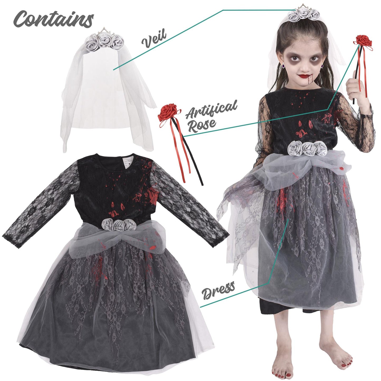 A2Z 4 Kids Girls Zombie Bride Halloween Fancy Dress Attire Bloody Eerie Corps Gown with Artificial Flowers and Bridal Veil Spooky Children's Halloween Outfit for Girls