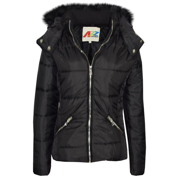 A2Z 4 Kids Quilted Puffer Coat Padded Puffer Jacket Black Faux Fur Collar Detachable Hood New Winter Fashion For Girls Age 3-13 Years