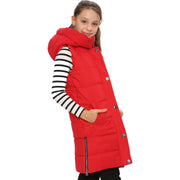 A2Z Kids Girls Down Vest Fashion Oversized Red Hooded Quilted Gilet Padded Long Line Vest Jacket Long Sleeveless Coat Urban Winter Wear