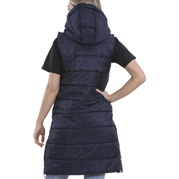 Ladies Sleeveless Gilet Oversized Hooded Quilted Gilet Padded Long Line Coat