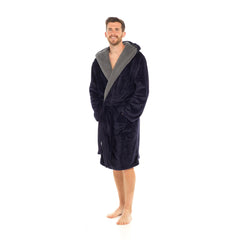 Mens Flannel Fleece Hooded Dressing Gown Sherpa Lined Robe with Belt & Pockets
