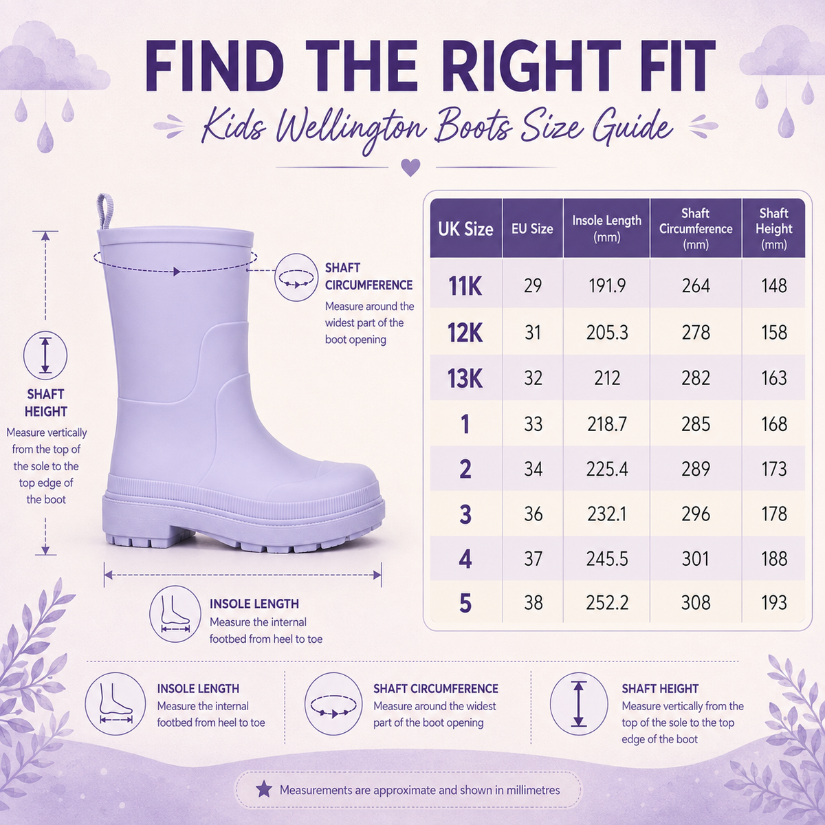 Kids Girls Wellington Wellies Non-Slip Waterproof Lightweight Rain Boots