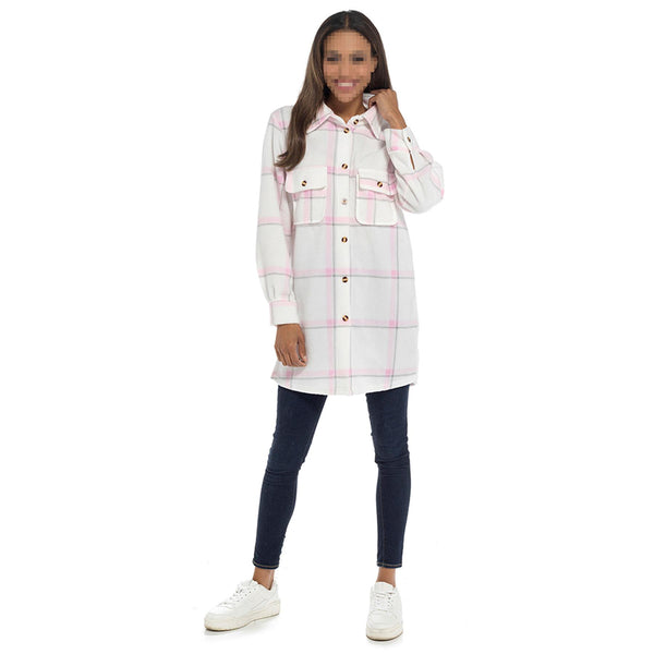 Ladies Fleece Check Shacket Oversized Shirt Jacket with Pockets Warm Winter Coat