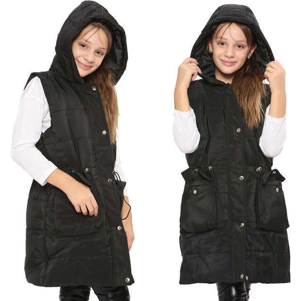 A2Z Kids Girls Down Vest Fashion Oversized Black Hooded Quilted Gilet Padded Long Line Vest Jacket Long Sleeveless Coat Urban Winter Wear Age 7-13 Yr