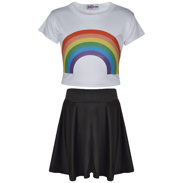 A2Z 4 Kids Girls Crop Top & Skirt Sets Designer's Rainbow Print White Trendy Floss Fashion Belly Shirt & Skirts Trendy T Shirt Tops Tees & Bottom Set New Age 5 6 7 8 9 10 11 12 13 Years