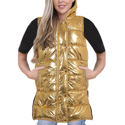 A2Z Ladies Adults Sleeveless Gilet Oversized Hooded Golden Foil Quilted Gilet Padded Long Line Vest Jacket Sleeveless Coat Urban Winter Wear