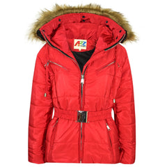 Kids Girls Jacket Puffer Hooded Faux Fur Padded Zipped Belted Slim Fit Warm Coat