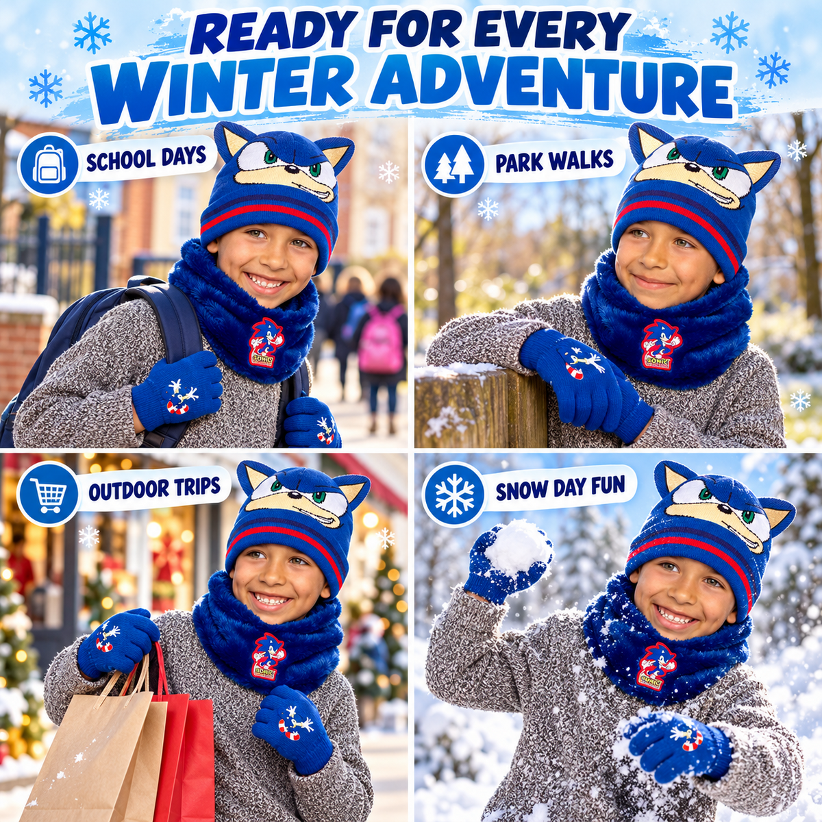 Sonic Boys Hat Gloves Snood Set Royal Blue Winter 3 Piece Officially Licensed