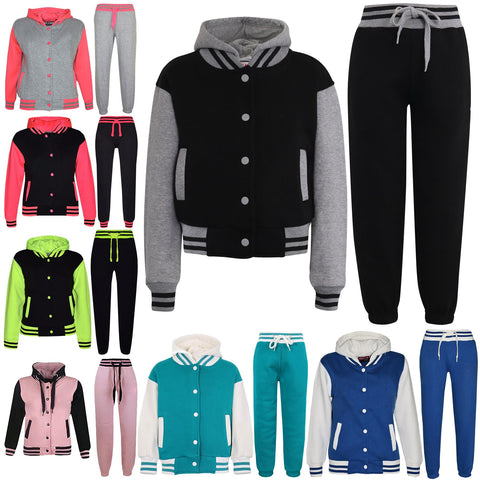 Girls Boys Tracksuit Kids Baseball Top Bottoms Jogging Suit Unisex Outfit 5-13Yr