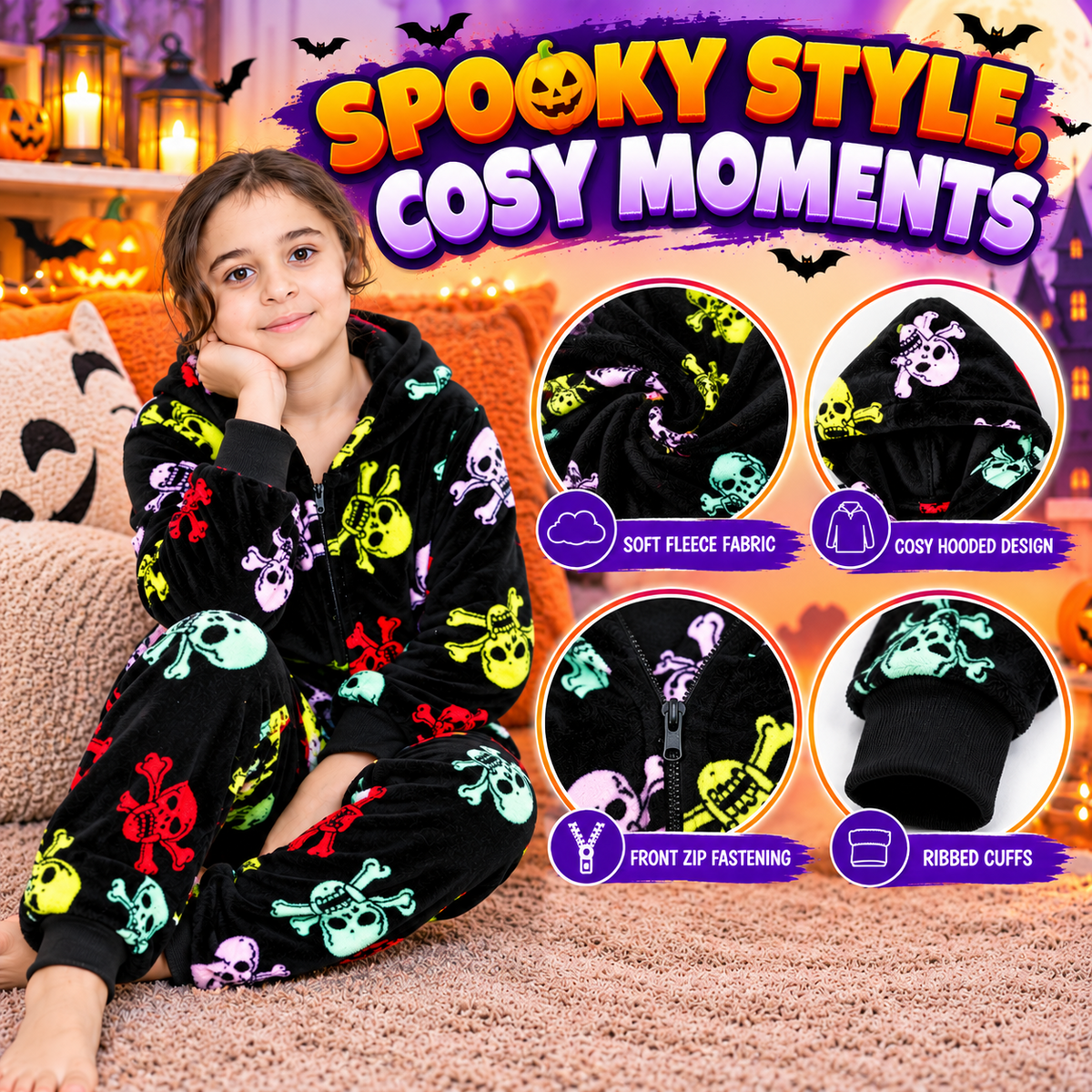 Kids Fun Halloween Skull Bones Print Onesie Pyjama Sets For Girls Boys Jumpsuit