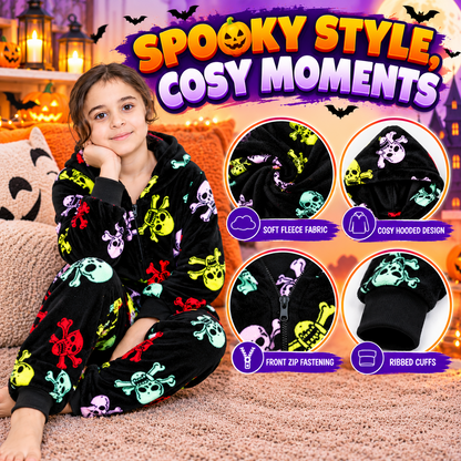Kids Fun Halloween Skull Bones Print Onesie Pyjama Sets For Girls Boys Jumpsuit