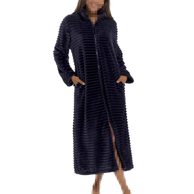 A2Z Women's Zip Through Warm Winter Ribbed Dressing Gown Elegant Ladies Loungewear Zip Up Ribbed Fleece Housecoat Cosy Winter Women's Sleepwear Lounging Robe for Parties