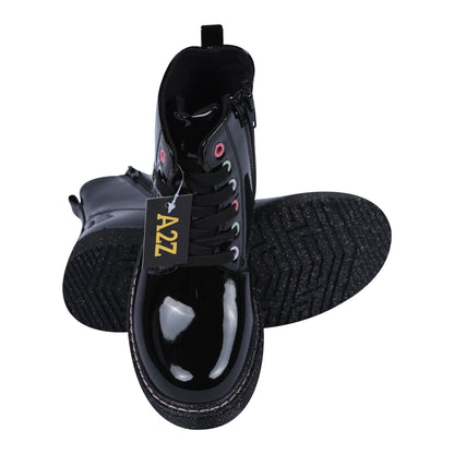 A2Z 4 Kids Girls Teens Ladies School Shoes Black Patent Glitter Heart Ankle Boot