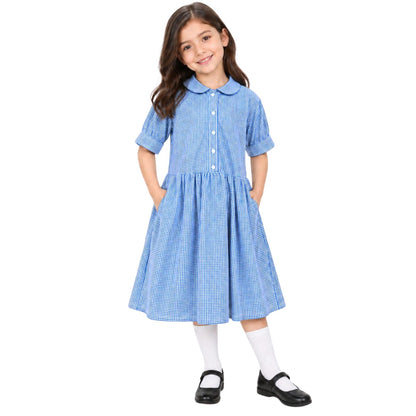 Girls School Gingham Dress Soft Fabric Check Print Front Button Closure Dress