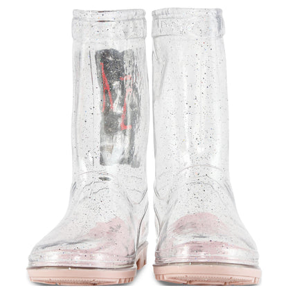 Toddlers Girls Wellies Crystal Clear Pink Glitter Waterproof Lightweight PVC