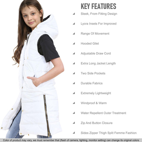 Kids Girls Oversized Gilet Long Line Hooded Quilted Jacket Long Sleeveless Coat