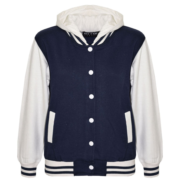 kids Girls Boys B.B Plain Hooded Jacket Varsity Classic Baseball Style Coat 2-13