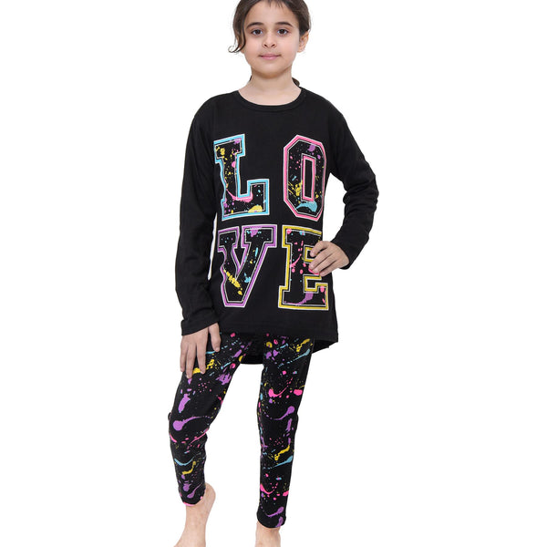 Kids Girls Long Sleeves Love Print Black T Shirt Top & Splash Legging Outfit Set