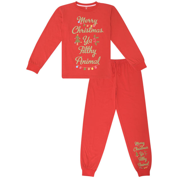 A2Z Ladies 2 Piece Christmas Pyjama Set Loungewear Soft Cotton PJS Long Sleeve Ya Filthy Animal Printed Red Color Top Bottom Xmas Gift for Ladies Matching PJS Lounge Suit S/M/L/XL/2XL